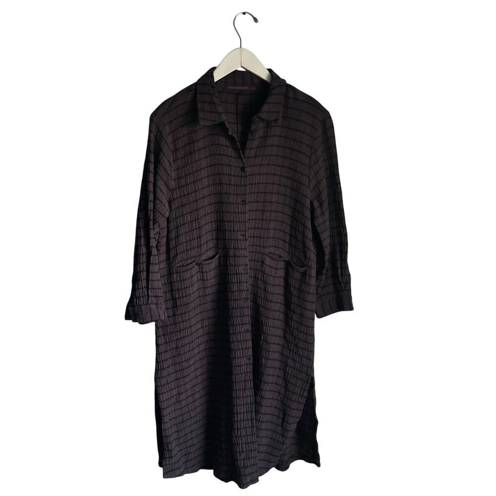 Transit Par Such Crepe Brown Black‎ Striped Long Sleeve Shirt Dress Lagenlook M